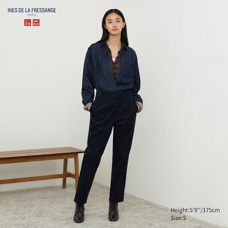 Spodnie Damskie Uniqlo Corduroy Tapered Ankle Granatowe | 6077118