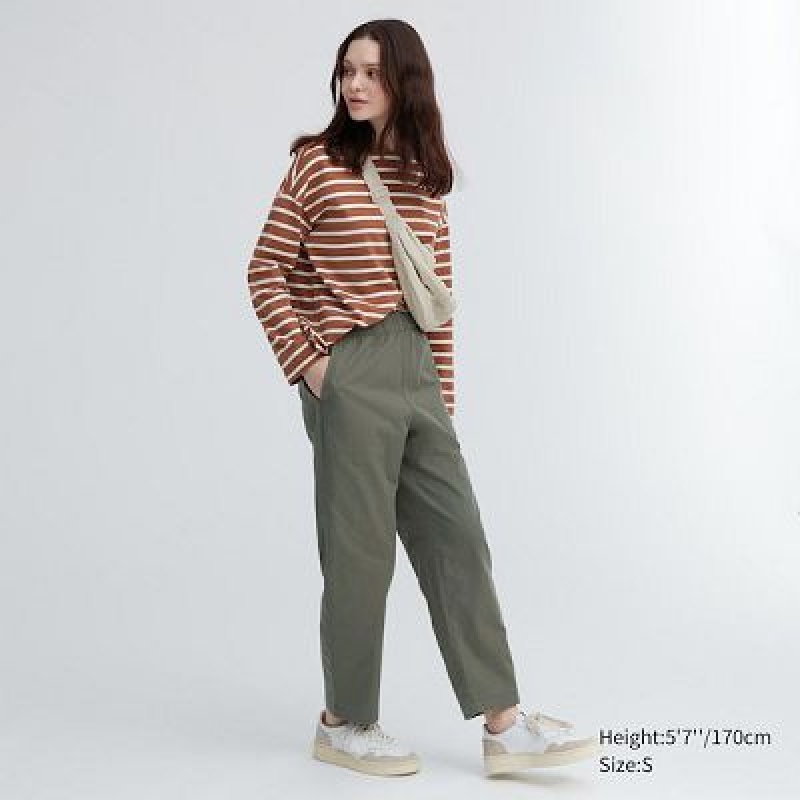 Spodnie Damskie Uniqlo Cotton Relaxed Ankle Oliwkowe | 1709193