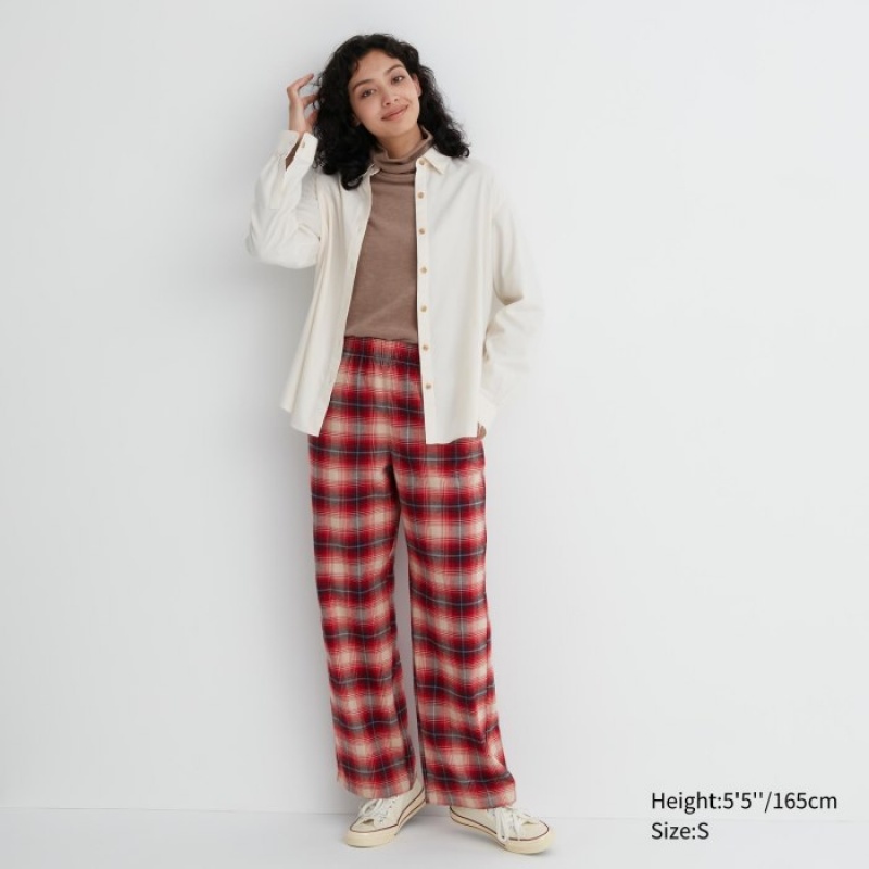 Spodnie Damskie Uniqlo Flannel Checked Lounge Czerwone | 4150762