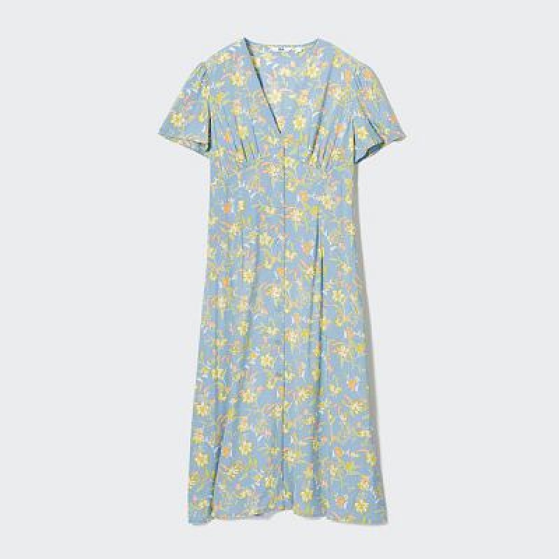 Sukienka Damskie Uniqlo Printed V-Neck Short-Sleeve Flare Niebieskie | 8556290