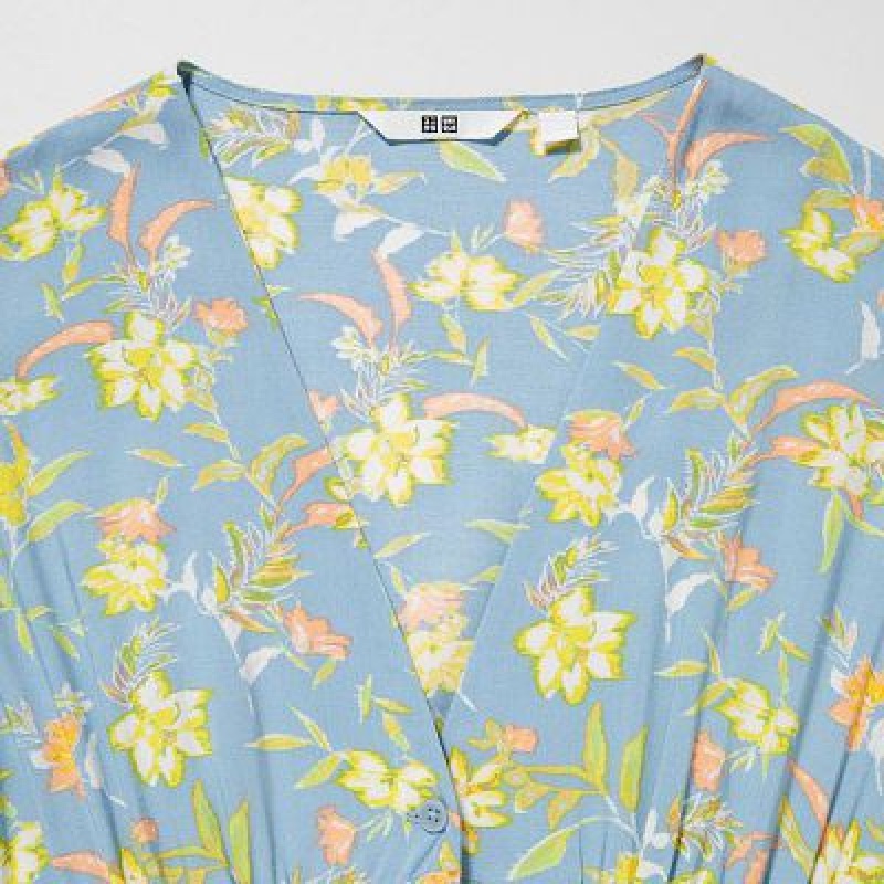Sukienka Damskie Uniqlo Printed V-Neck Short-Sleeve Flare Niebieskie | 8556290