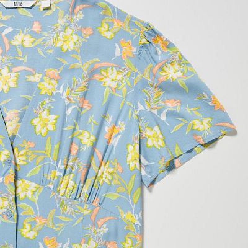 Sukienka Damskie Uniqlo Printed V-Neck Short-Sleeve Flare Niebieskie | 8556290