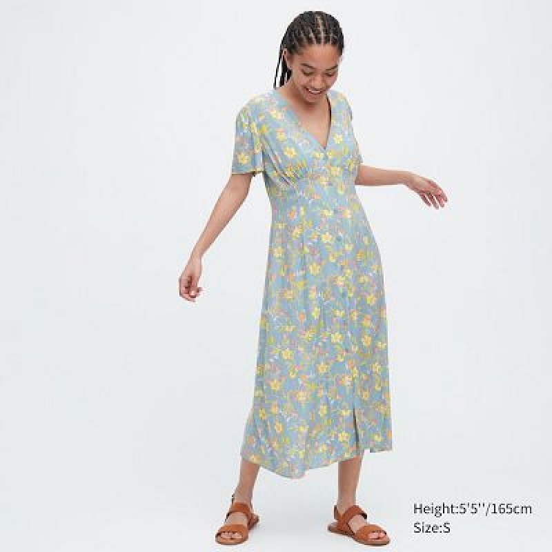 Sukienka Damskie Uniqlo Printed V-Neck Short-Sleeve Flare Niebieskie | 8556290