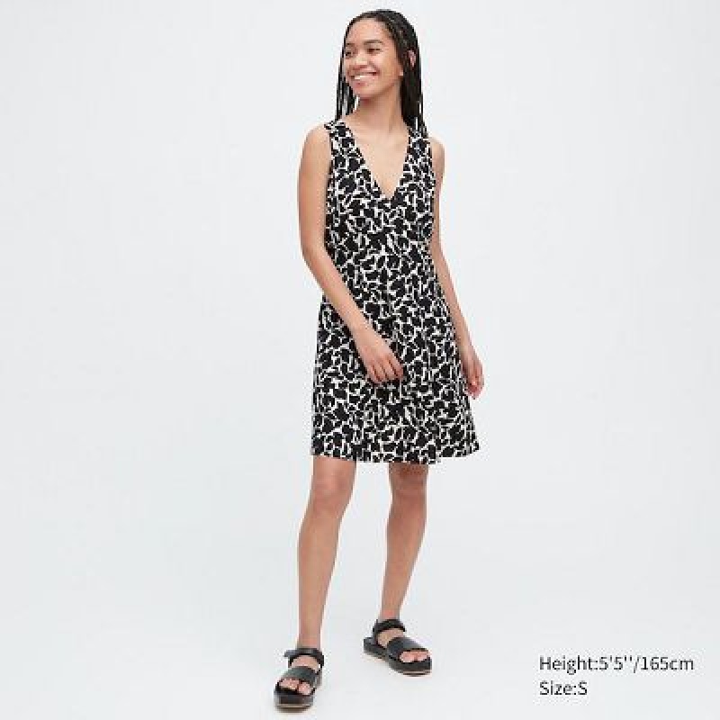 Sukienka Damskie Uniqlo Printed V-Neck Sleeveless Mini Czarne | 2451438