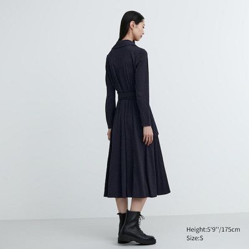 Sukienka Damskie Uniqlo Wrap Long-Sleeve Granatowe | 6755989