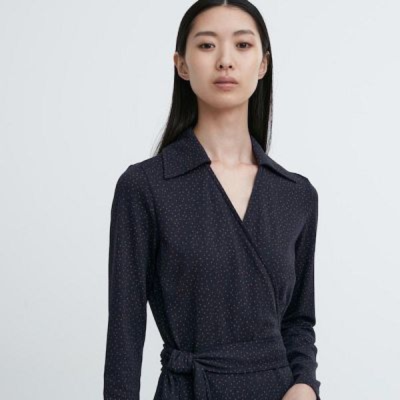 Sukienka Damskie Uniqlo Wrap Long-Sleeve Granatowe | 6755989