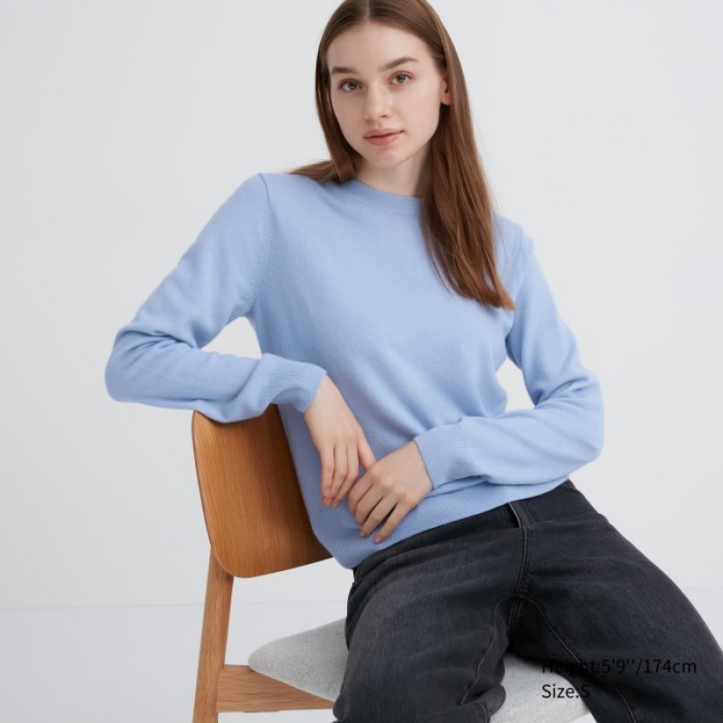 Swetry Damskie Uniqlo Cashmere Crew Neck Long-sleeve Niebieskie | 7838489