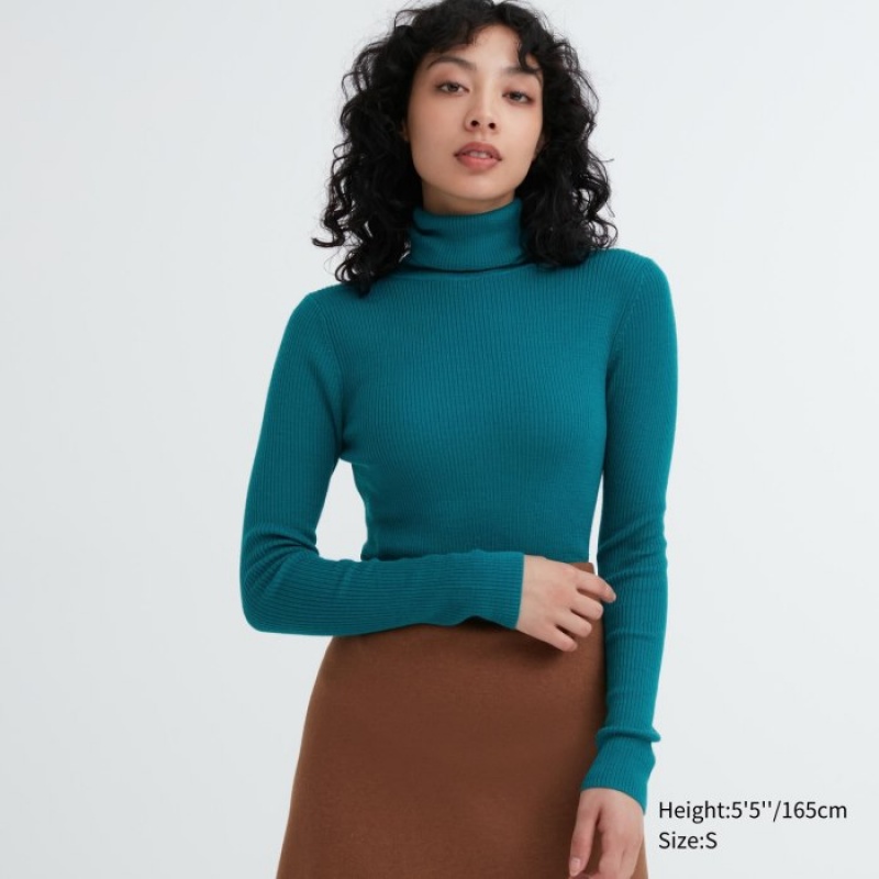 Swetry Damskie Uniqlo Extra Fine Merino Ribbed Turtleneck Long-Sleeve Niebieskie | 1656082