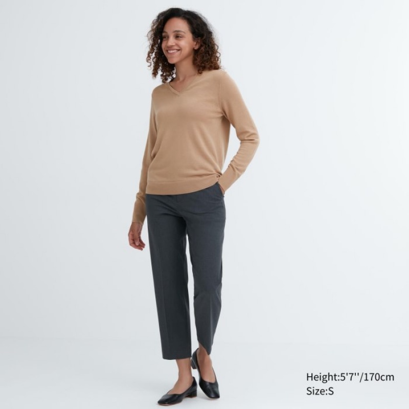Swetry Damskie Uniqlo Extra Fine Merino V-Neck Long-Sleeve Beżowe | 324057