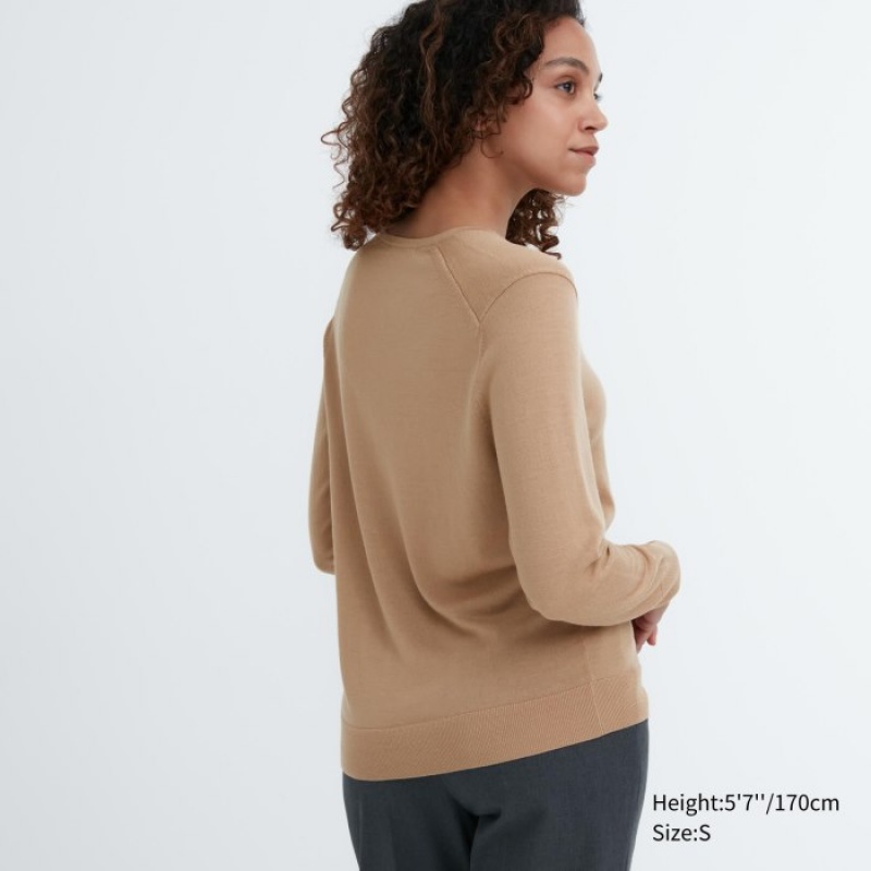 Swetry Damskie Uniqlo Extra Fine Merino V-Neck Long-Sleeve Beżowe | 324057