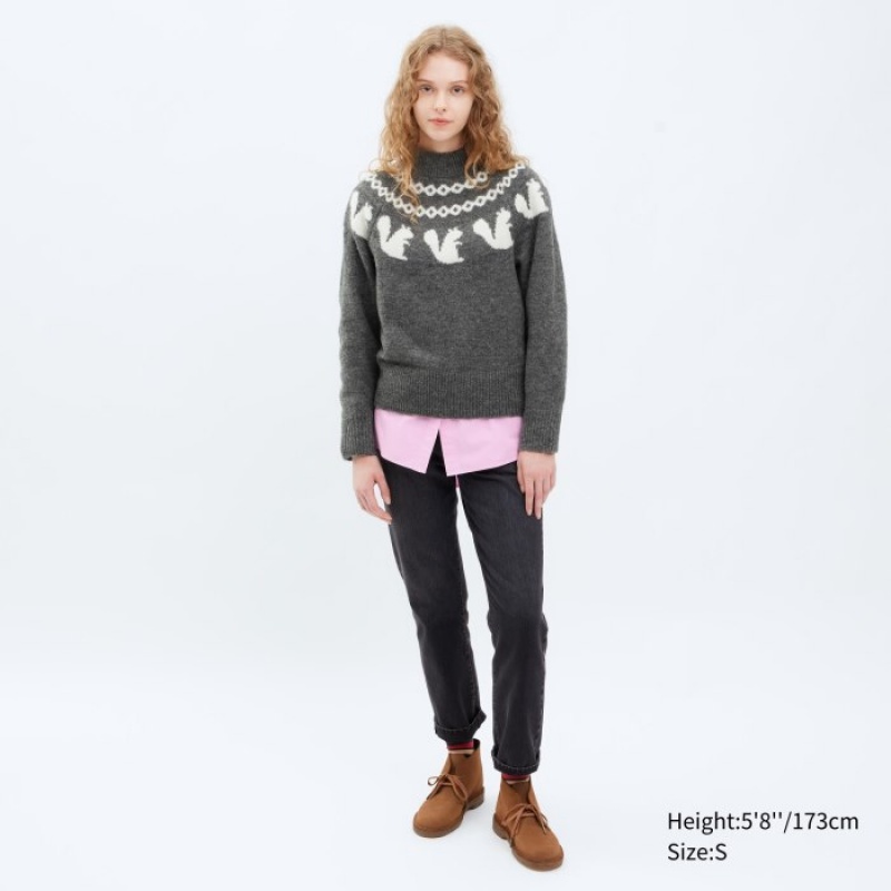 Swetry Damskie Uniqlo Jacquard Crew Neck Long-Sleeve Niebieskie | 6532986