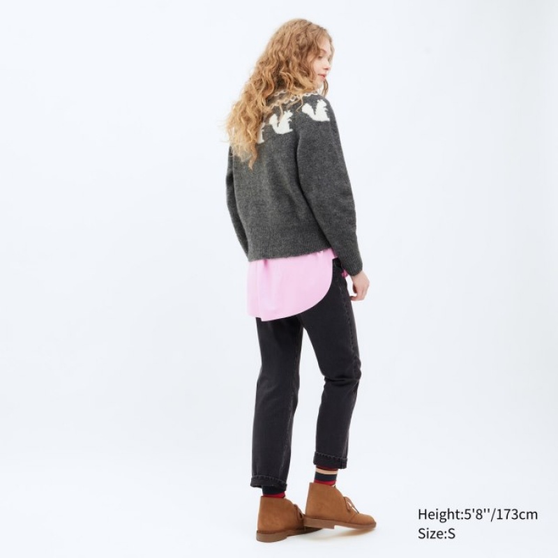 Swetry Damskie Uniqlo Jacquard Crew Neck Long-Sleeve Niebieskie | 6532986