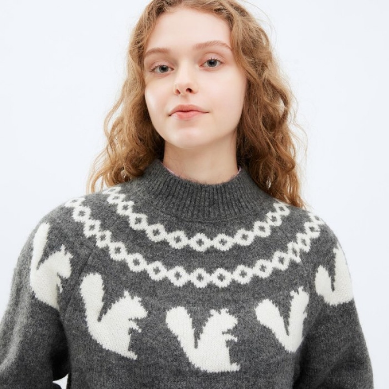 Swetry Damskie Uniqlo Jacquard Crew Neck Long-Sleeve Niebieskie | 6532986