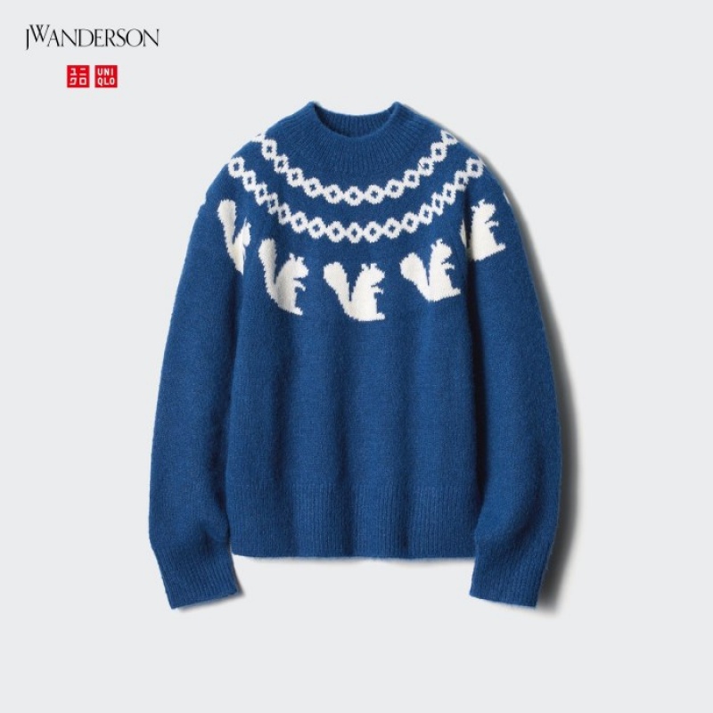 Swetry Damskie Uniqlo Jacquard Crew Neck Long-Sleeve Niebieskie | 6532986