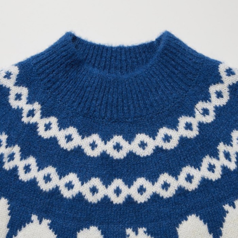 Swetry Damskie Uniqlo Jacquard Crew Neck Long-Sleeve Niebieskie | 6532986