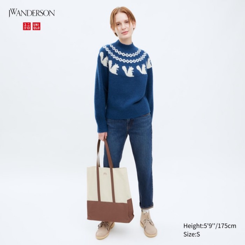 Swetry Damskie Uniqlo Jacquard Crew Neck Long-Sleeve Niebieskie | 6532986