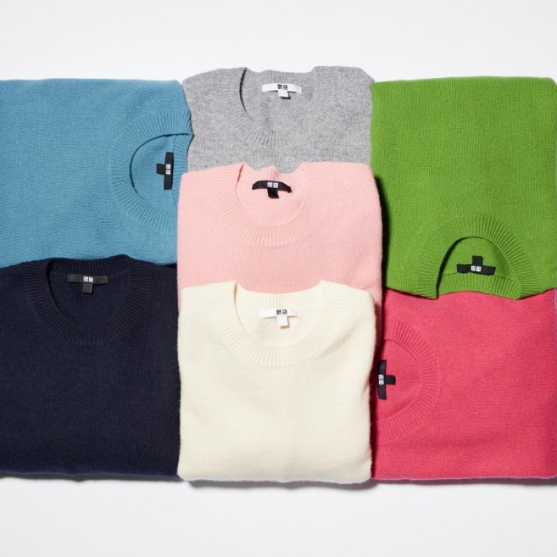 Swetry Damskie Uniqlo Premium Lambswool Crew Neck Long-sleeve Niebieskie | 1853003