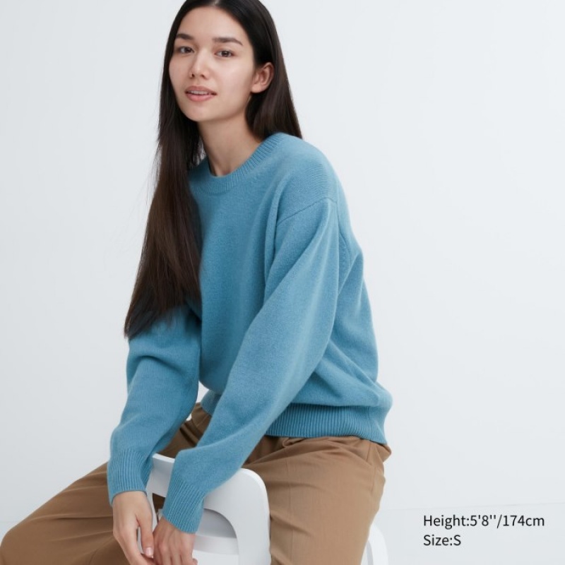 Swetry Damskie Uniqlo Premium Lambswool Crew Neck Long-sleeve Niebieskie | 1853003