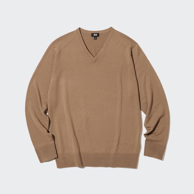 Swetry Męskie Uniqlo Extra Fine Merino V-neck Beżowe | 1637263