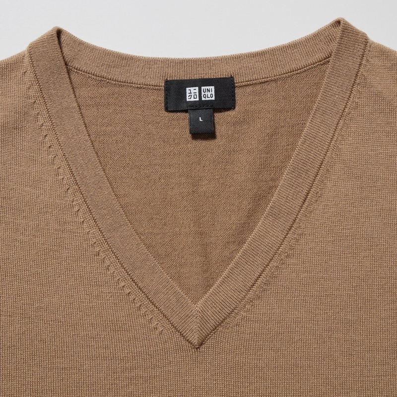 Swetry Męskie Uniqlo Extra Fine Merino V-neck Beżowe | 1637263