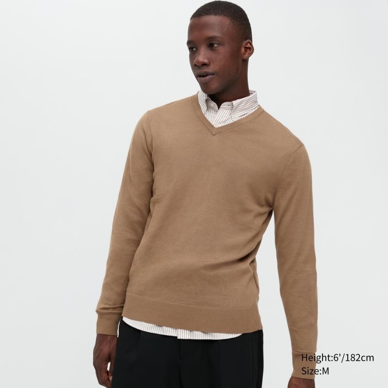 Swetry Męskie Uniqlo Extra Fine Merino V-neck Beżowe | 1637263